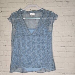 Loft blue and gray geometric sheer lined babydoll blouse ruffle cap sleeves y2k